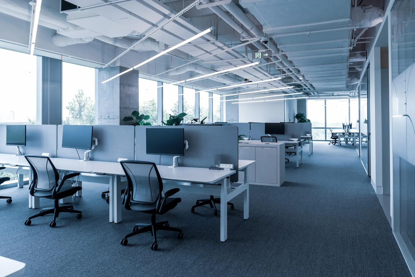 The inside of a modern empty office. There are rows of desks with black monitors and desk chairs on a dark grey carpeted floor.