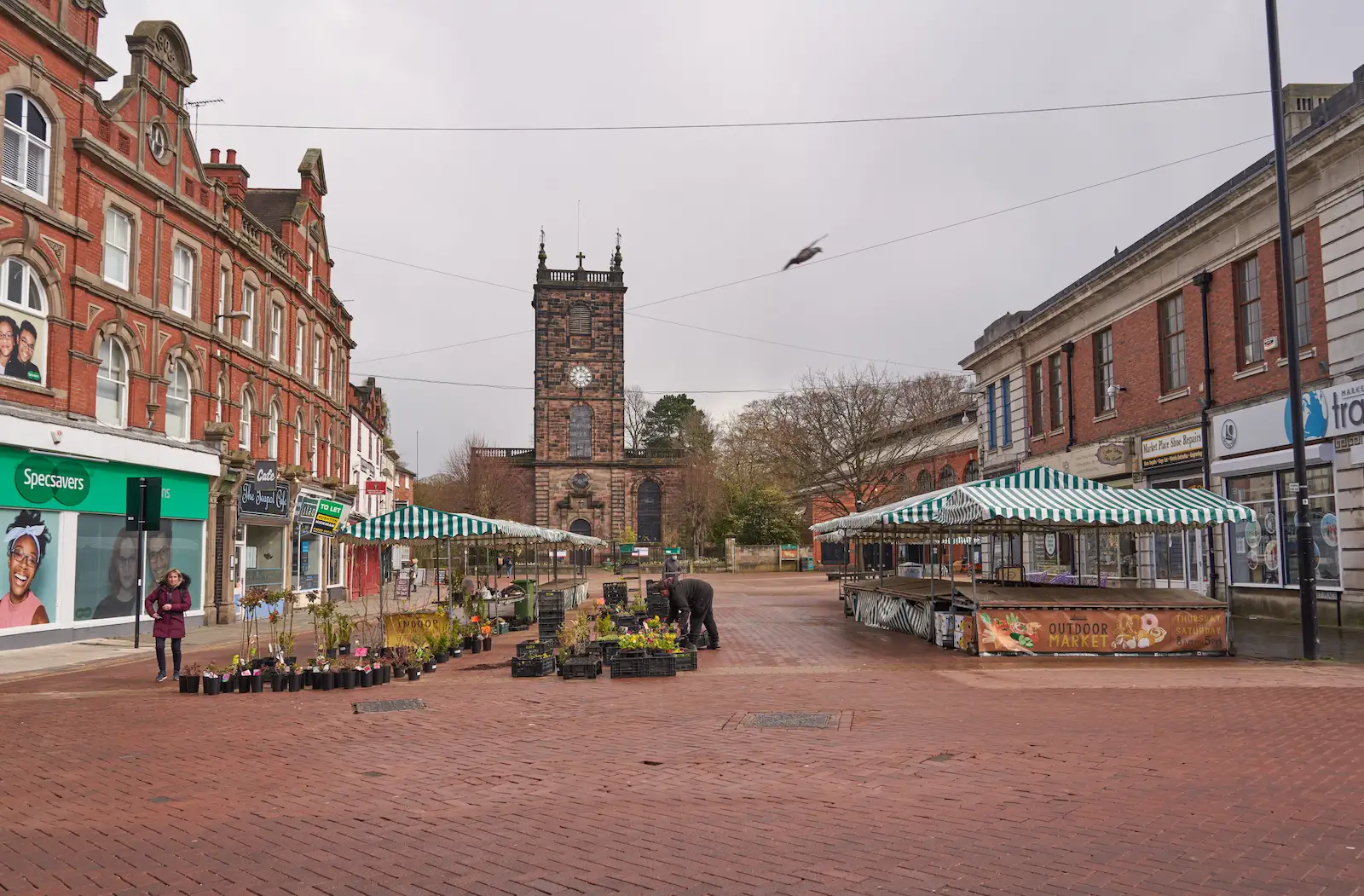 Burton on Trent's town centre outdoor market which is being set up early in the morning.