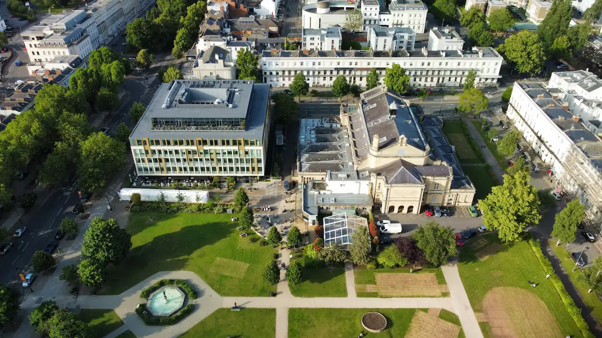 Cheltenham Town Hall and Imperial Gardens seen from above.