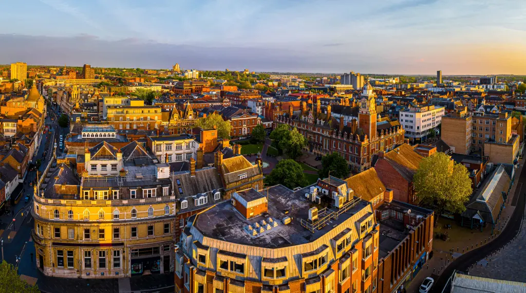 A birds eye view of Leicester city centre at sunset.
