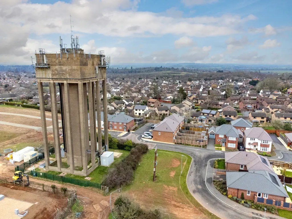 A bird-level image of Droitwich water tower.